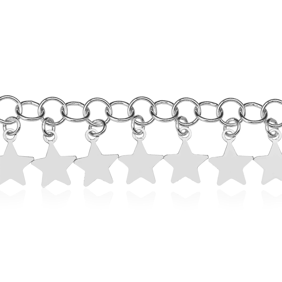 925 Sterling Silver Round Link Dangling Stars Adjustable Anklet 9"-10"