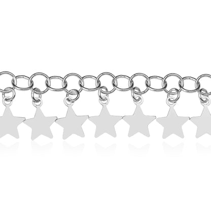 925 Sterling Silver Round Link Dangling Stars Adjustable Anklet 9"-10"