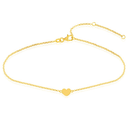 14K Yellow Gold Mini Heart Charm Rolo Adjustable Anklet 9"-10"