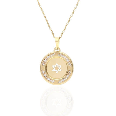 14K Yellow Gold White Zirconia Star Of David Round Medallion Pendant 14mm