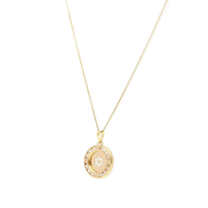 14K Yellow Gold White Zirconia Star Of David Round Medallion Pendant 14mm