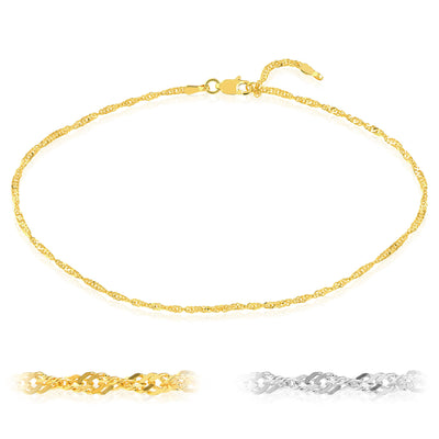 14K Yellow or White Gold 2mm Singapore Chain Adjustable Anklet 9"-10"