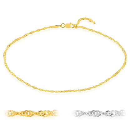14K Yellow or White Gold 2mm Singapore Chain Adjustable Anklet 9"-10"