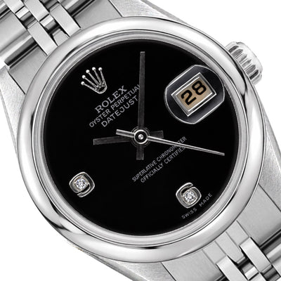 26mm Rolex Datejust 69173 Original Smooth Bezel Black Dial Steel Woman's Watch