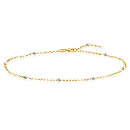 14K Two-Tone Gold Diamond-Cut Bead 2mm Rolo Adjustable Anklet 9"-10"