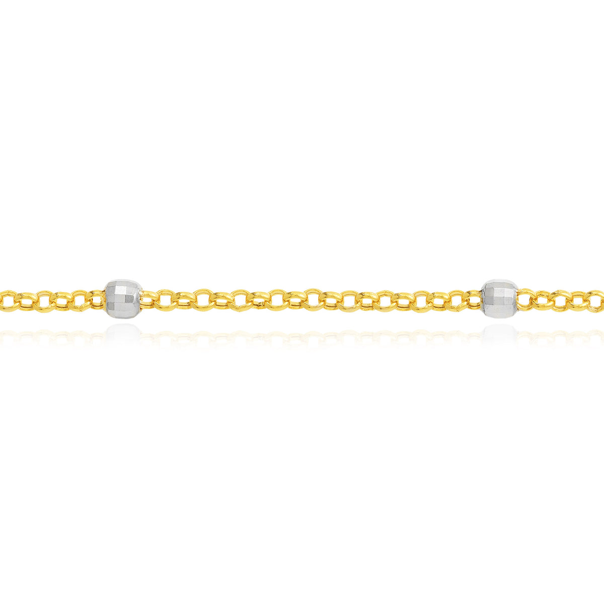 14K Two-Tone Gold Diamond-Cut Bead 2mm Rolo Adjustable Anklet 9"-10"
