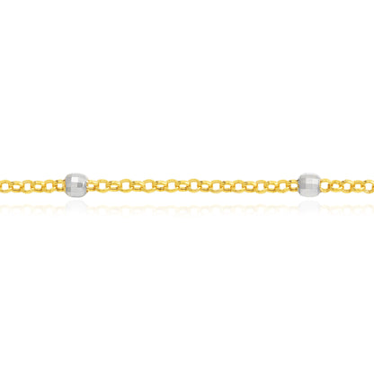 14K Two-Tone Gold Diamond-Cut Bead 2mm Rolo Adjustable Anklet 9"-10"