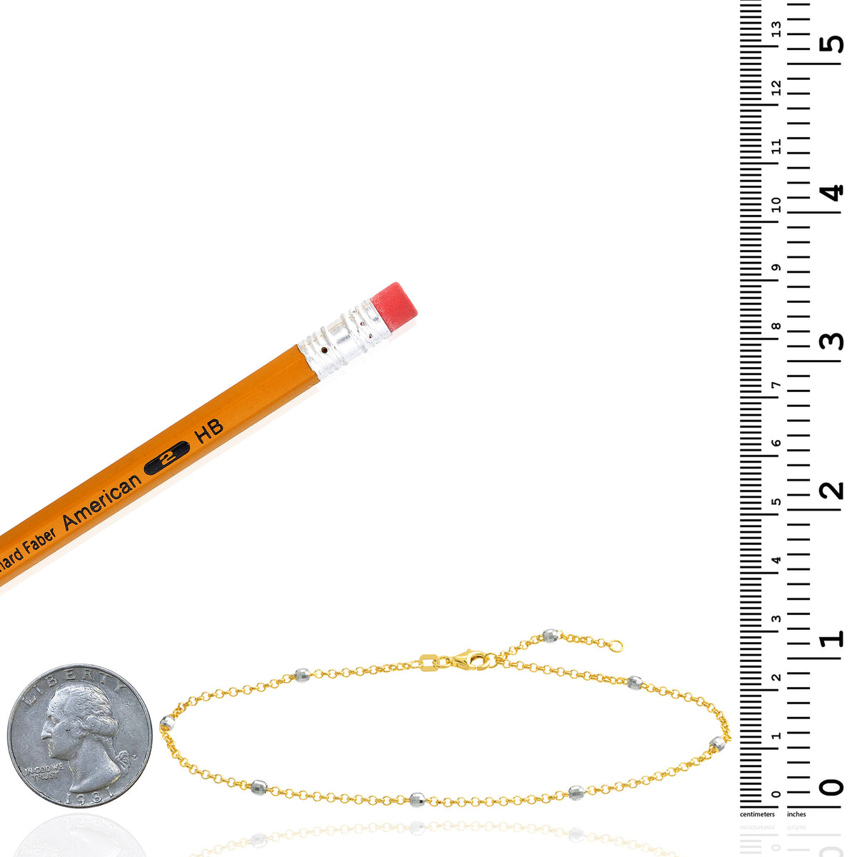 14K Two-Tone Gold Diamond-Cut Bead 2mm Rolo Adjustable Anklet 9"-10"