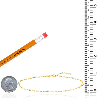 14K Two-Tone Gold Diamond-Cut Bead 2mm Rolo Adjustable Anklet 9"-10"