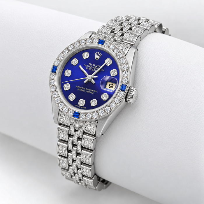 Rolex Datejust 69173 26mm royal blue diamond dial and diamond sapphire bezel — crown-side angle