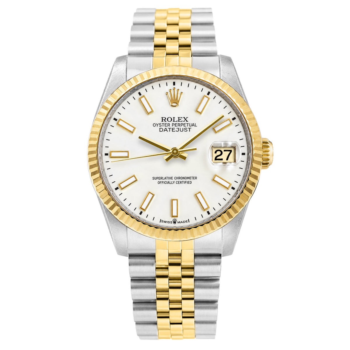 36mm Rolex Datejust 16013 18k Fluted Gold Bezel White Stick Dial Jubilee Watch