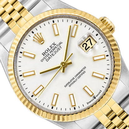 36mm Rolex Datejust 16013 18k Fluted Gold Bezel White Stick Dial Jubilee Watch