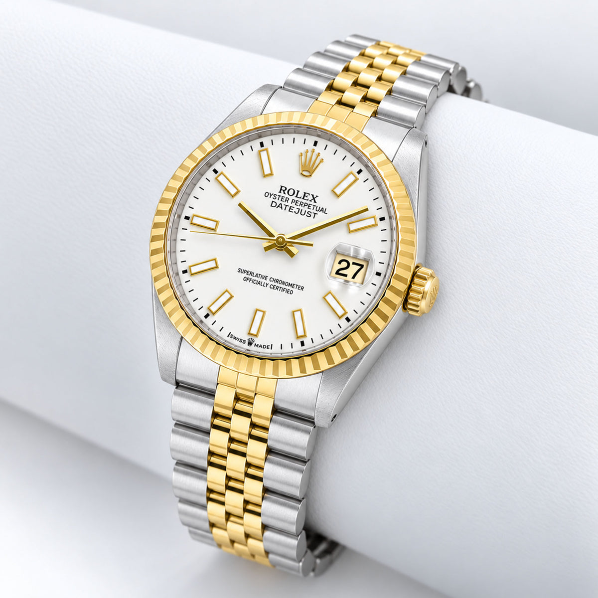 36mm Rolex Datejust 16013 18k Fluted Gold Bezel White Stick Dial Jubilee Watch