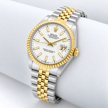 36mm Rolex Datejust 16013 18k Fluted Gold Bezel White Stick Dial Jubilee Watch
