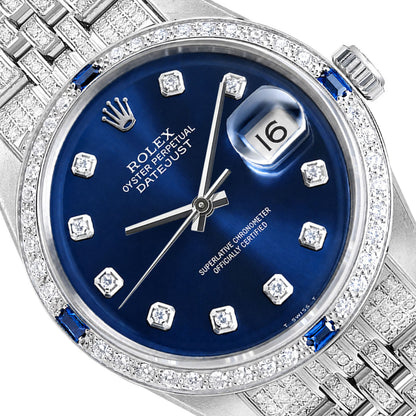 36mm Rolex Detejust 16013 Natural Diamond Sapphire Bezel Blue Dial Steel Watch
