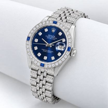 36mm Rolex Detejust 16013 Natural Diamond Sapphire Bezel Blue Dial Steel Watch
