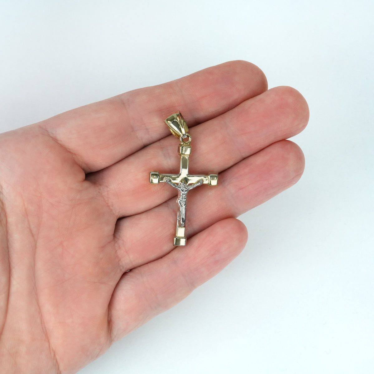 10K Gold-Filled Two-Tone Yellow White Jesus Crucifix Cross Pendant 1.7"