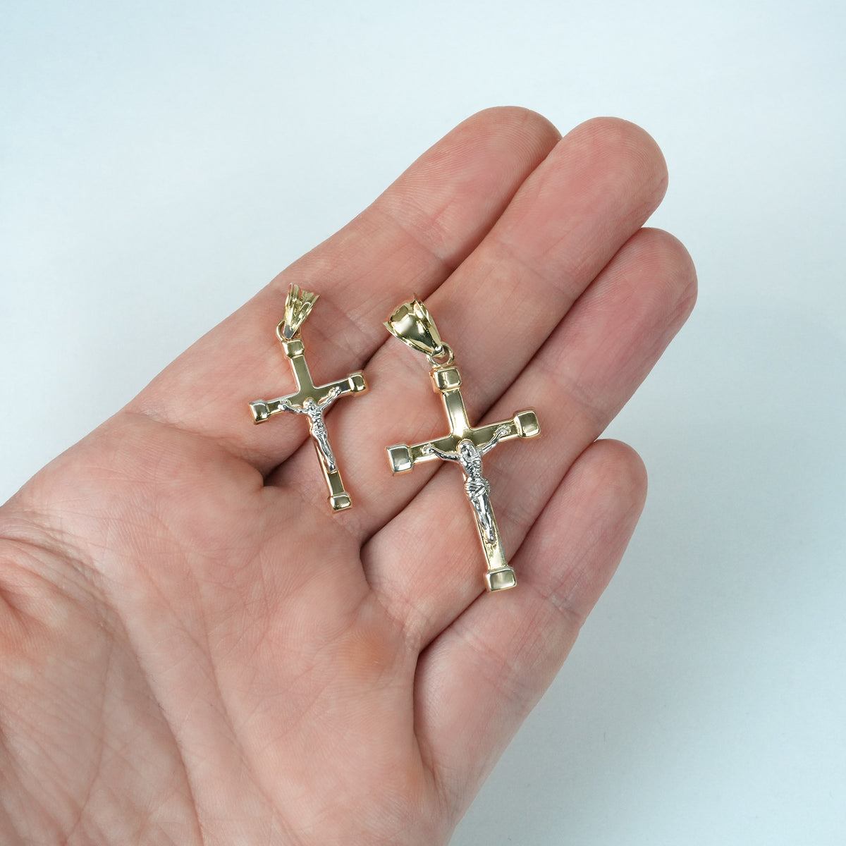 10K Gold-Filled Two-Tone Yellow White Jesus Crucifix Cross Pendant 1.3" 1.7"
