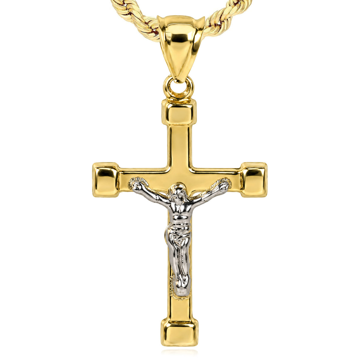 10K Gold-Filled Two-Tone Yellow White Jesus Crucifix Cross Pendant 1.7"