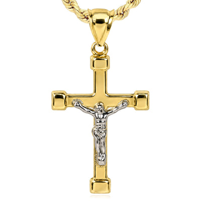 10K Gold-Filled Two-Tone Yellow White Jesus Crucifix Cross Pendant 1.7"