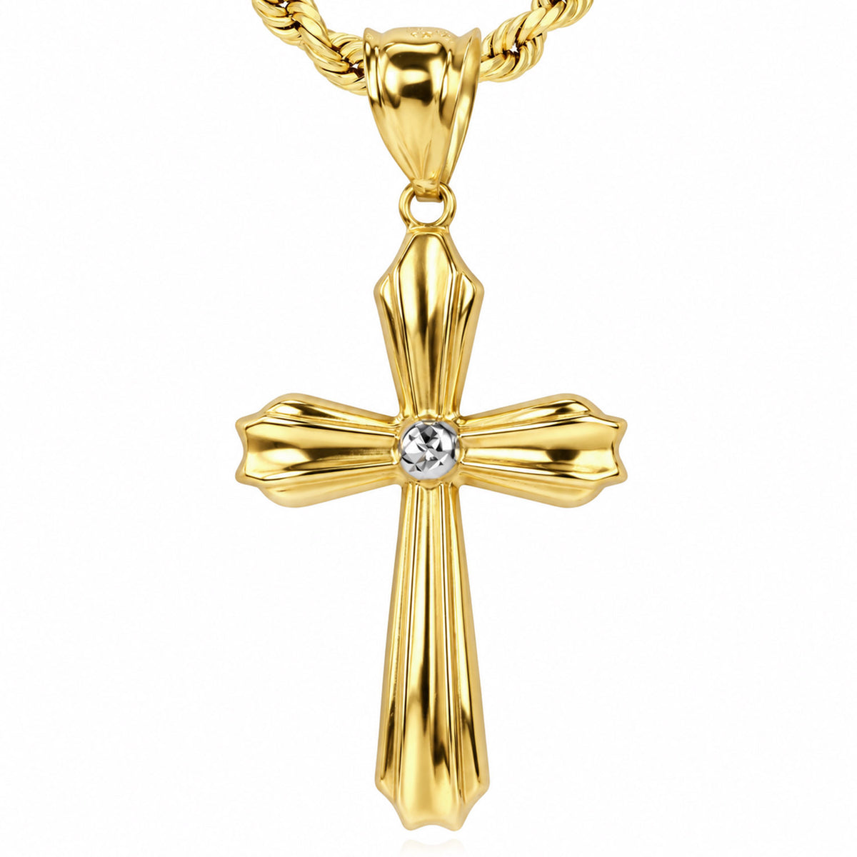 10K Gold-Filled Yellow White Two-Tone Puffed Cross Pendant 1.6"