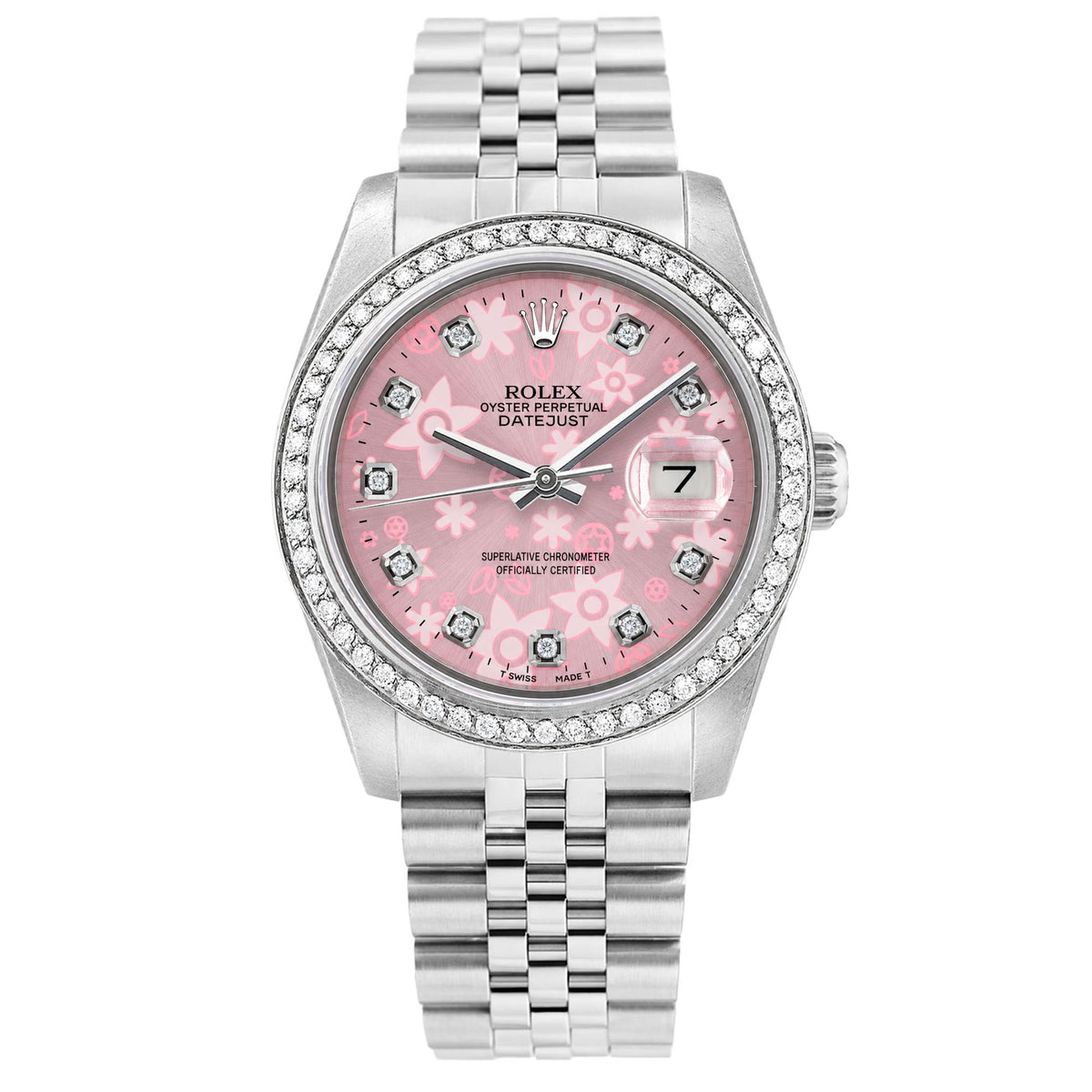 36mm Rolex Datejust 16013 Diamond Bezel Pink Flower Dial Jubilee Woman's Watch