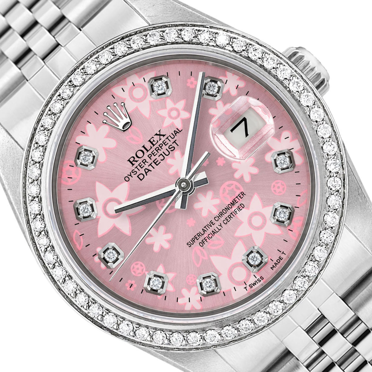 36mm Rolex Datejust 16013 Diamond Bezel Pink Flower Dial Jubilee Woman's Watch