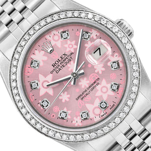 36mm Rolex Datejust 16013 Diamond Bezel Pink Flower Dial Jubilee Woman's Watch