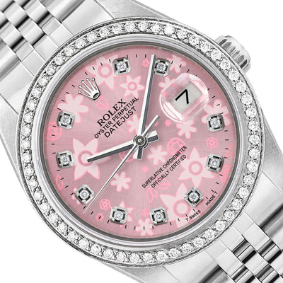 36mm Rolex Datejust 16013 Diamond Bezel Pink Flower Dial Jubilee Woman's Watch