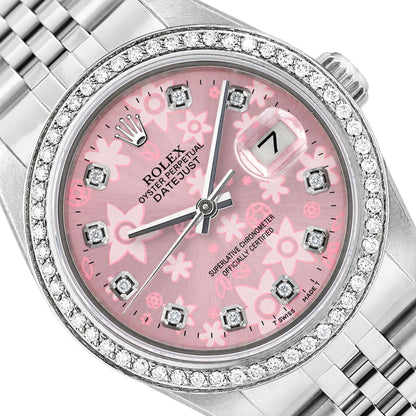 36mm Rolex Datejust 16013 Diamond Bezel Pink Flower Dial Jubilee Woman's Watch