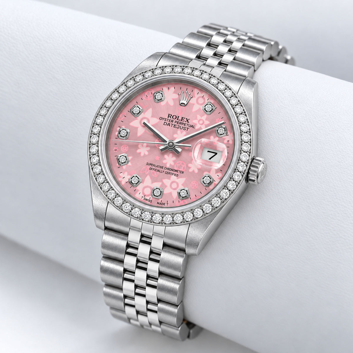 36mm Rolex Datejust 16013 Diamond Bezel Pink Flower Dial Jubilee Woman's Watch