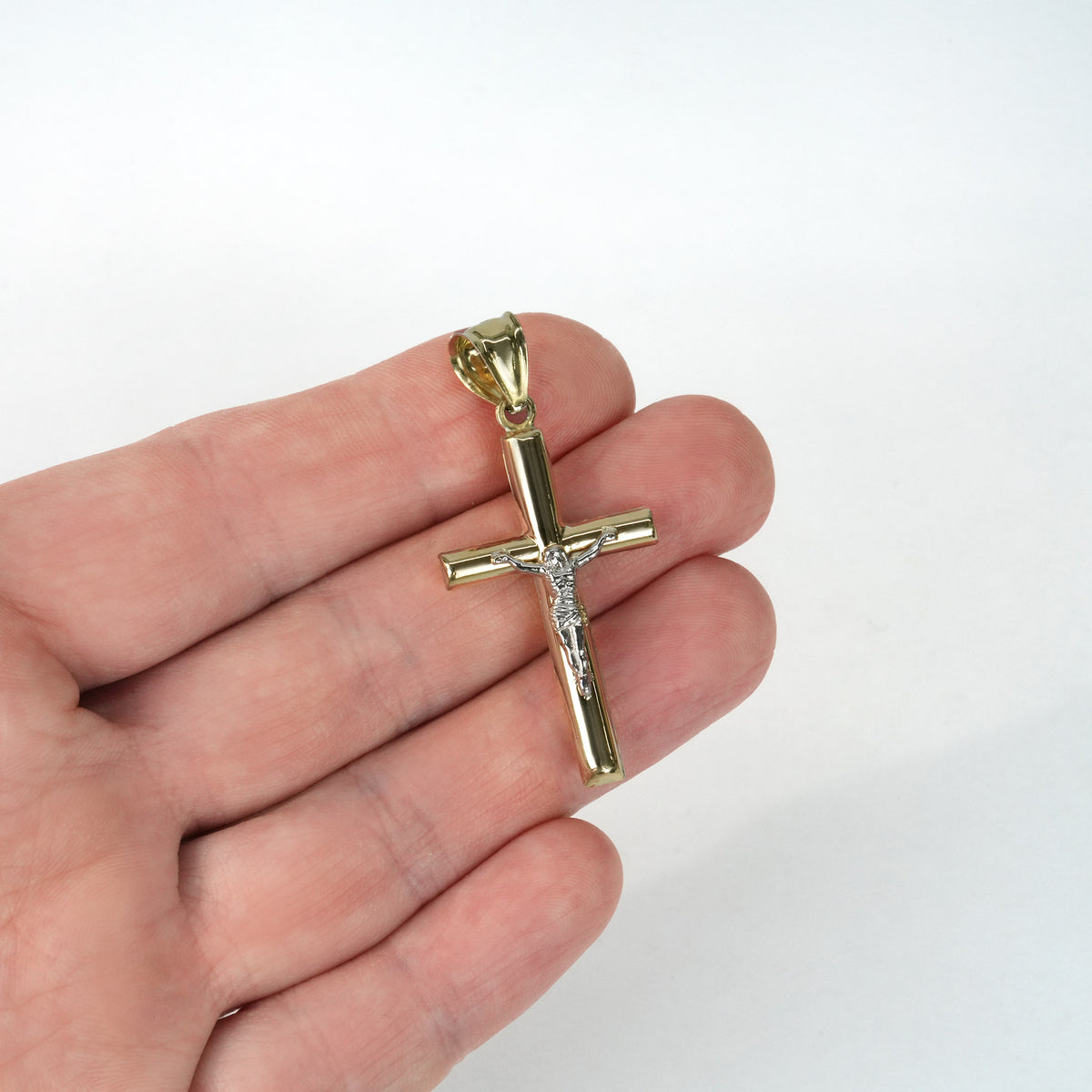 10K Gold-Filled Two-Tone Yellow White Jesus Crucifix Cross Pendant 1.7"