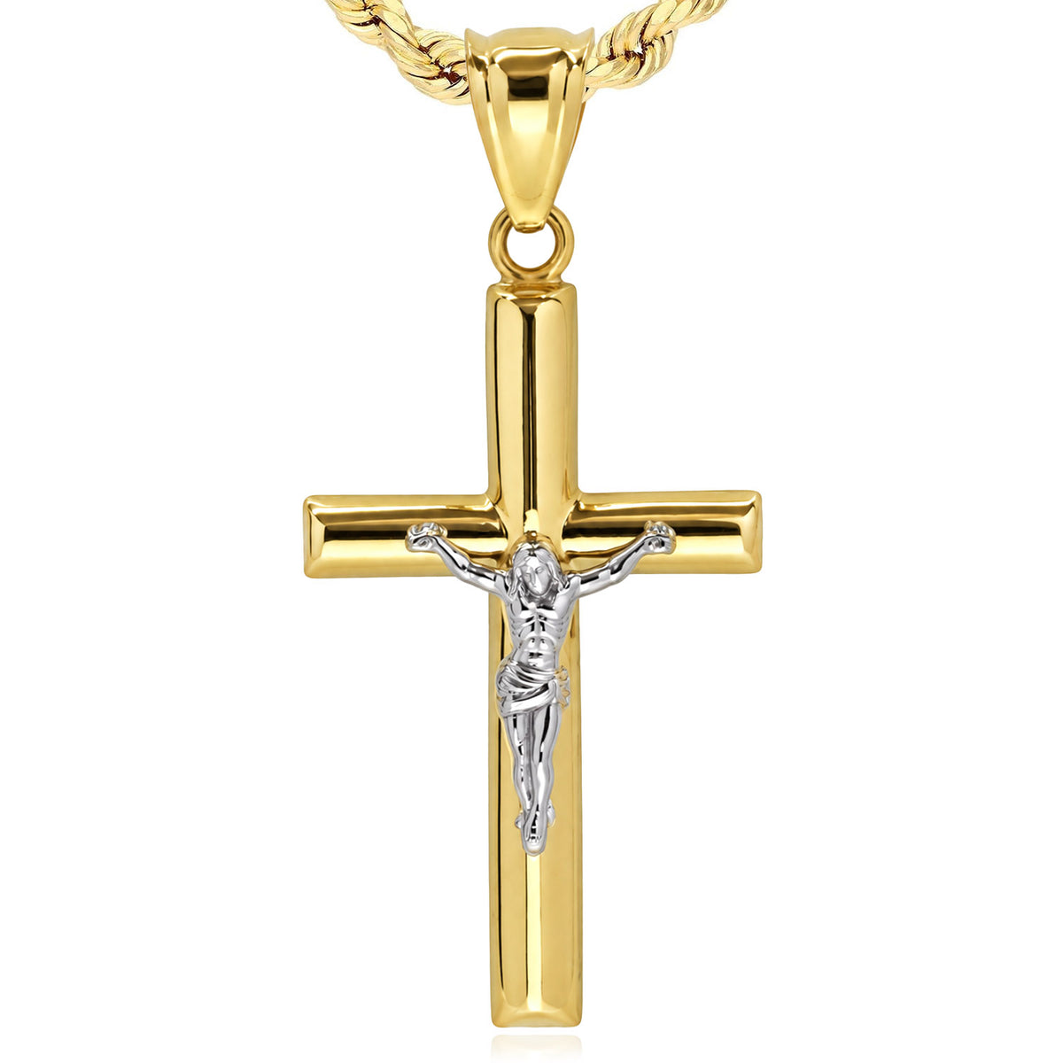 10K Gold-Filled Two-Tone Yellow White Jesus Crucifix Cross Pendant 1.7"