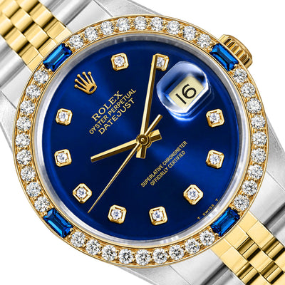36mm Rolex Datejust 16013 Diamond Sapphire Bezel Blue Dial Two-tone Steel Watch