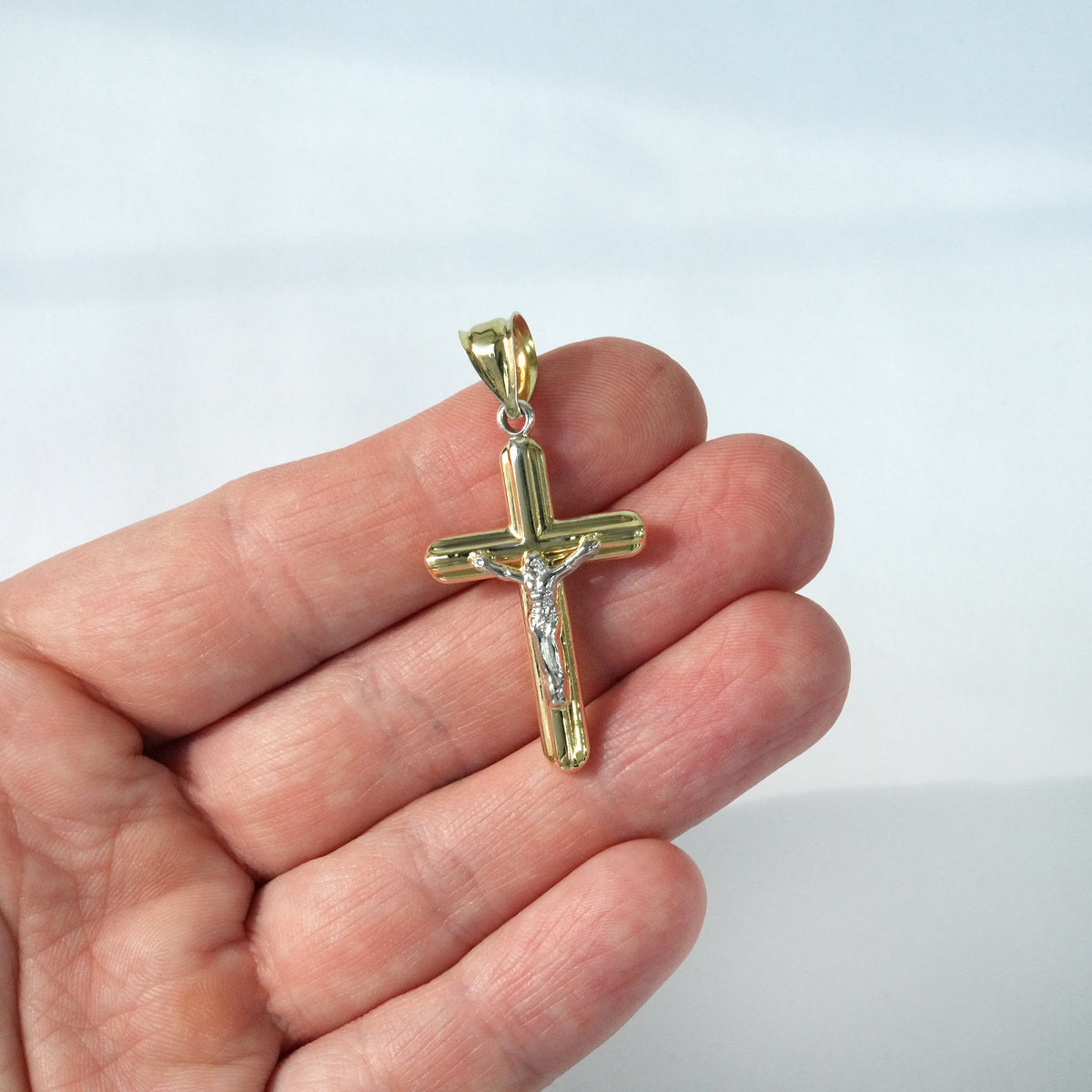 10K Gold-Filled Two-Tone Yellow White Jesus Crucifix Cross Pendant 1.7"