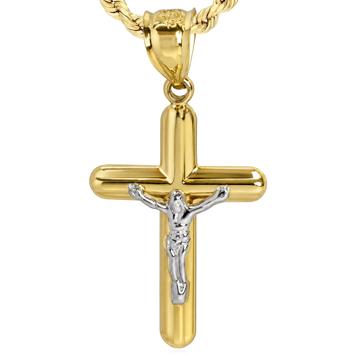 10K Gold-Filled Two-Tone Yellow White Jesus Crucifix Cross Pendant 1.7"