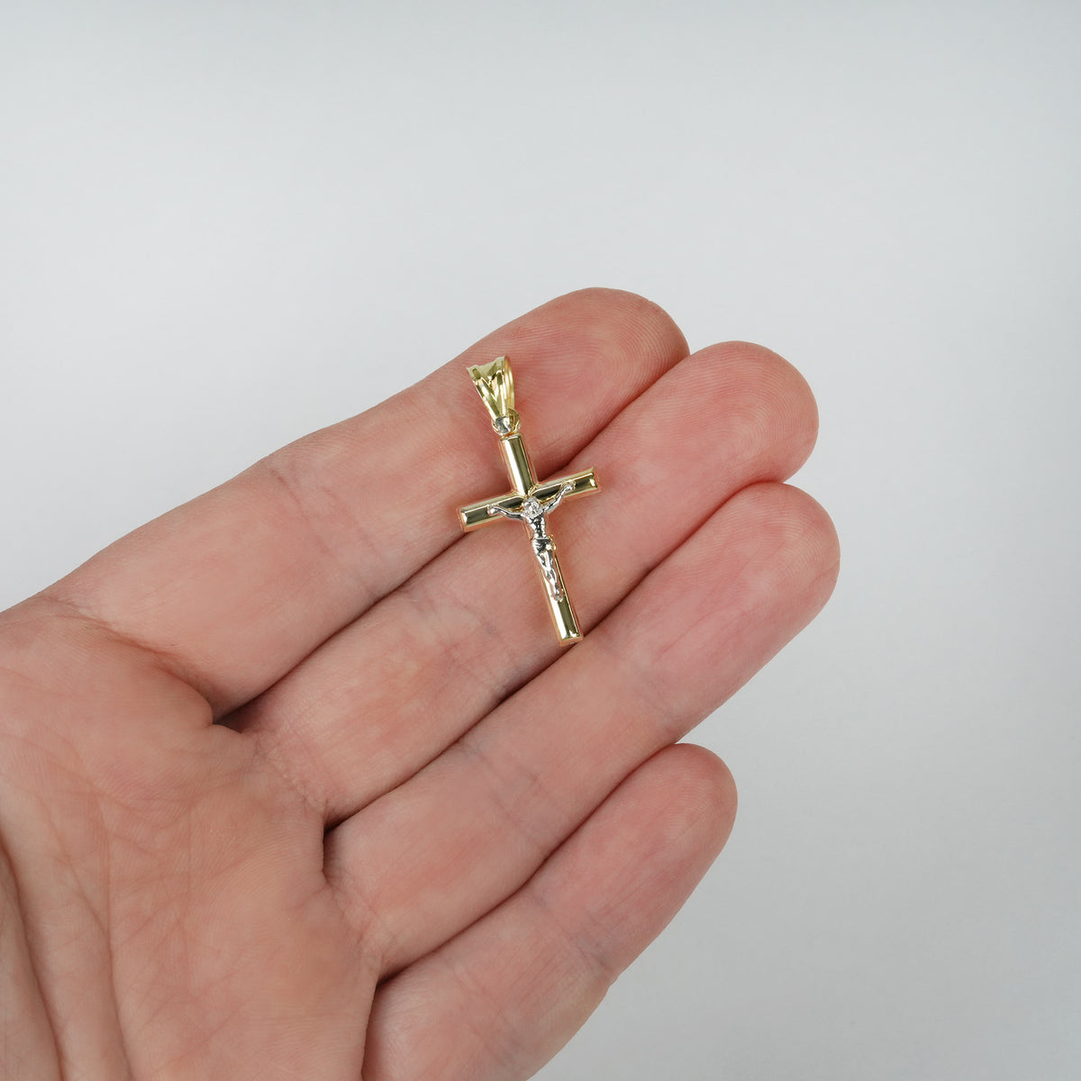 10K Gold-Filled Two-Tone Yellow White Jesus Crucifix Cross Pendant 1.2"