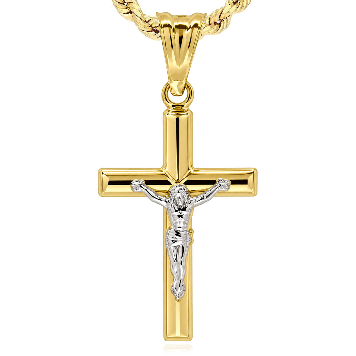 10K Gold-Filled Two-Tone Yellow White Jesus Crucifix Cross Pendant 1.2"