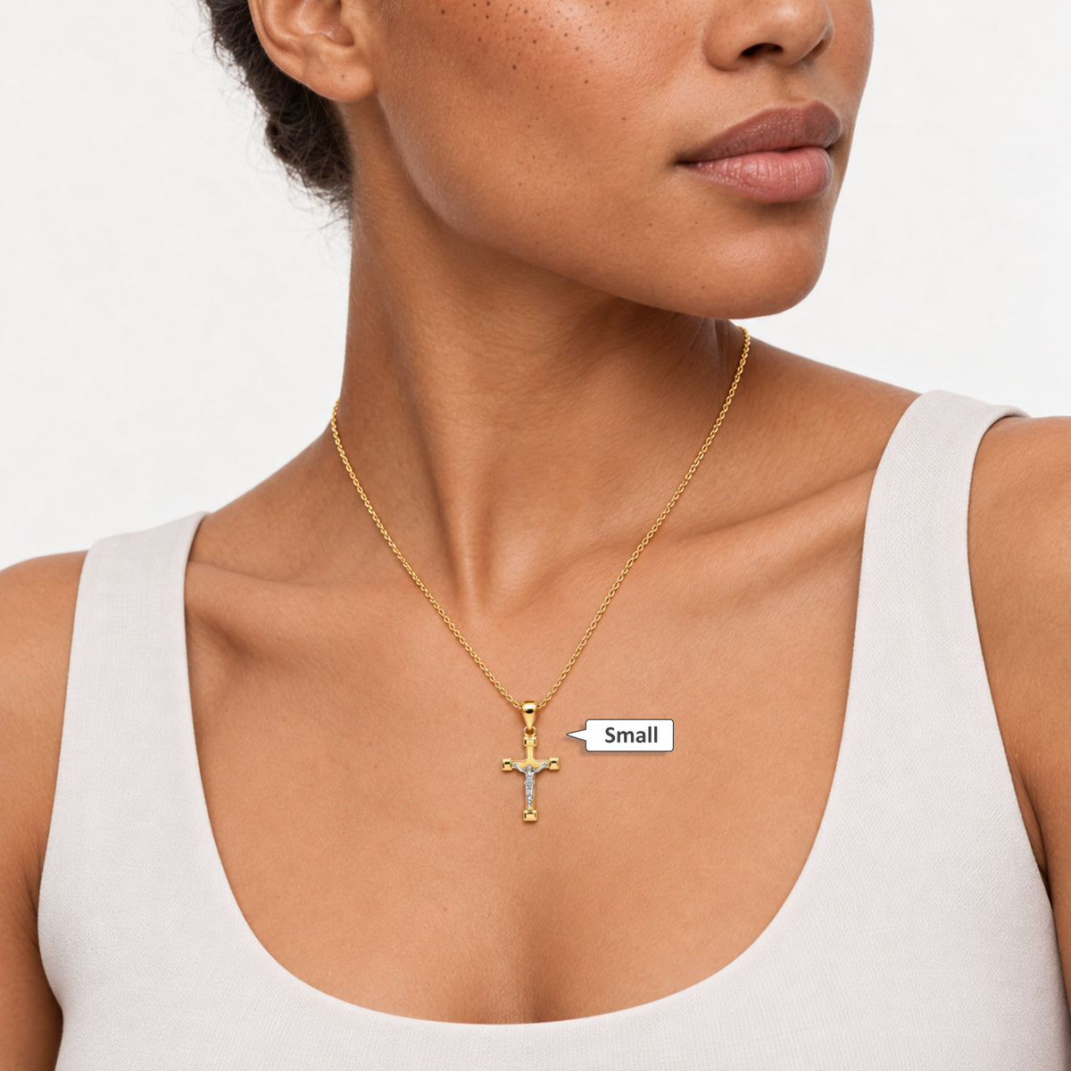 10K Gold-Filled Two-Tone Yellow White Jesus Crucifix Cross Pendant 1.3" 1.7"