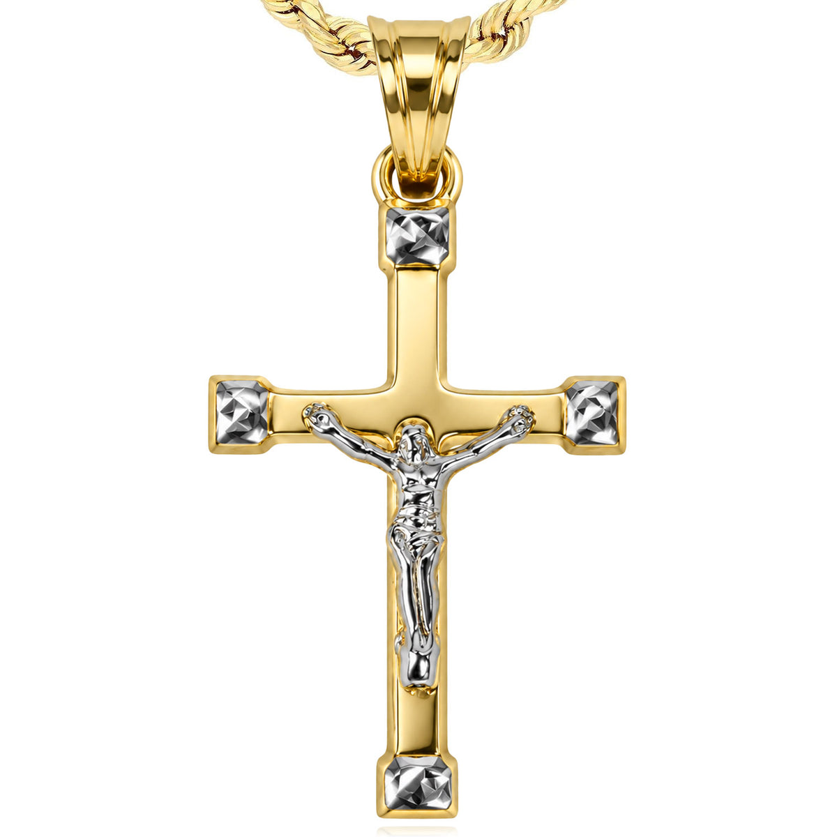 10K Yellow Gold-Filled Two-Tone Jesus Crucifix Diamond-Cut Pendant 1.3"