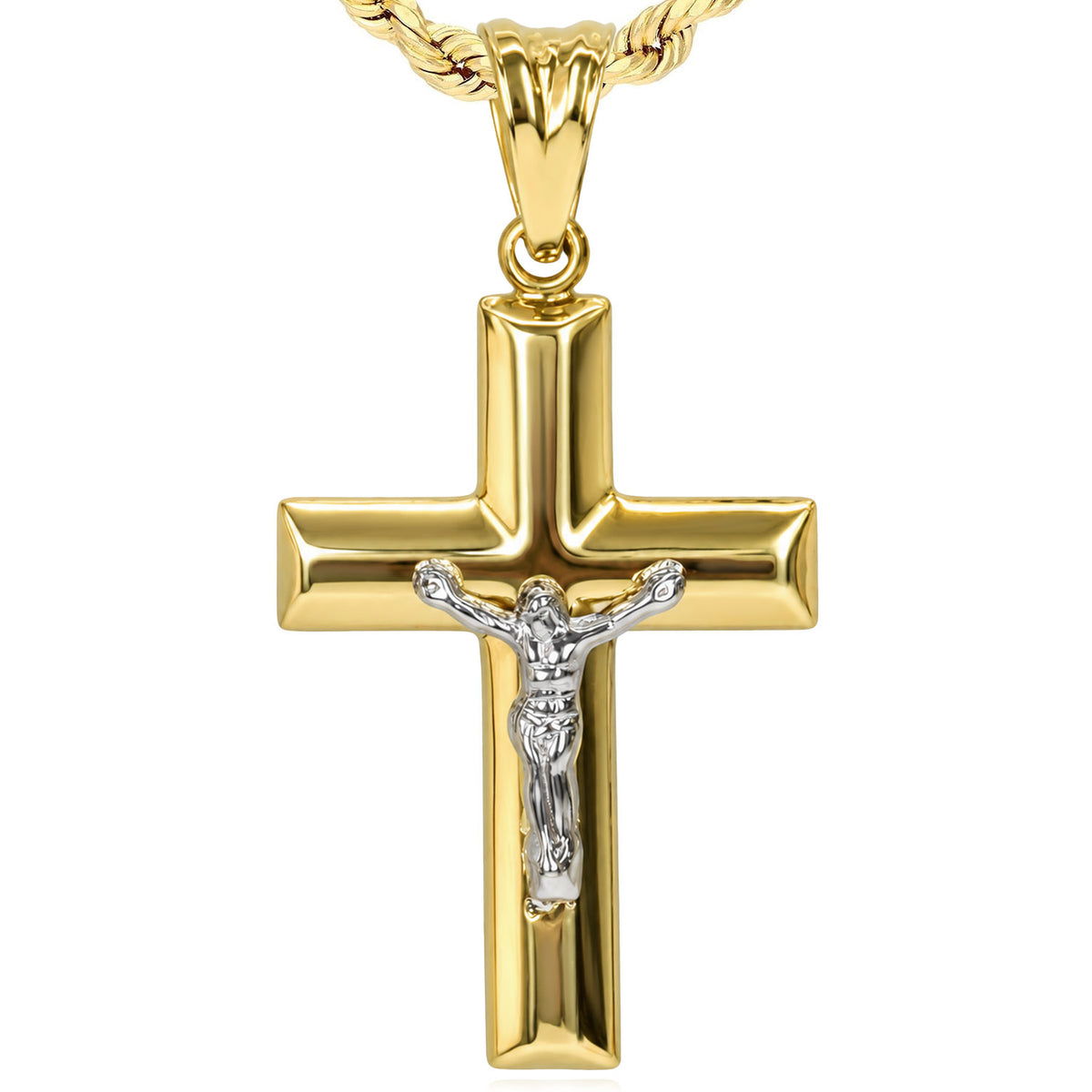 10K Gold-Filled Two-Tone Three-Dimensional Jesus Crucifix Pendant 1.4"