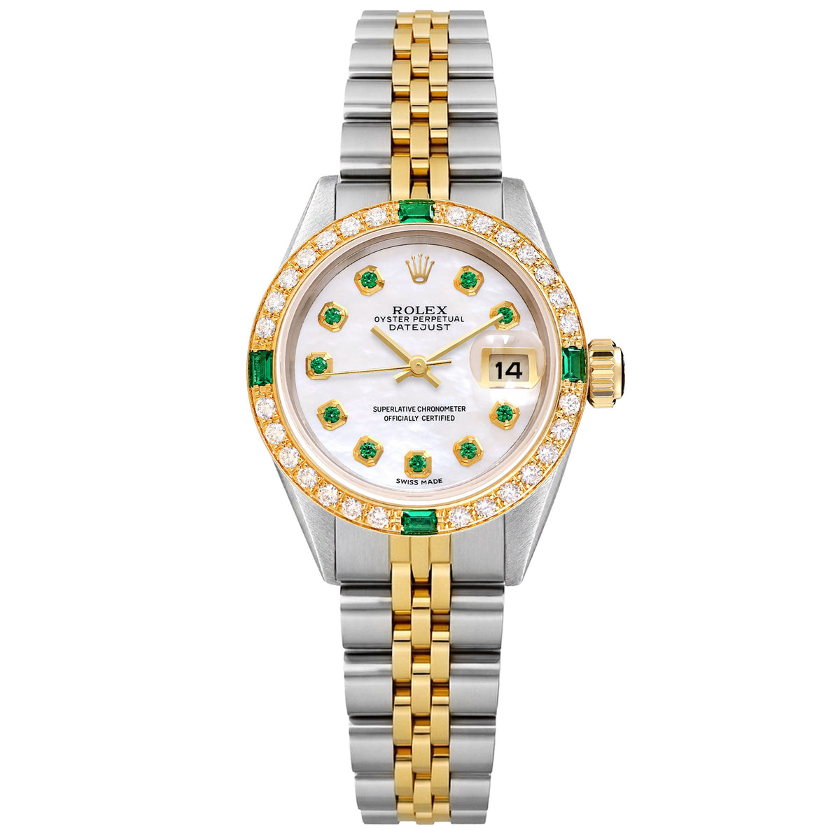 26mm Rolex Datejust 69173 18K Gold Bezel MOP Emerald Diamond Dial Jubilee Watch