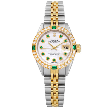 26mm Rolex Datejust 69173 18K Gold Bezel MOP Emerald Diamond Dial Jubilee Watch