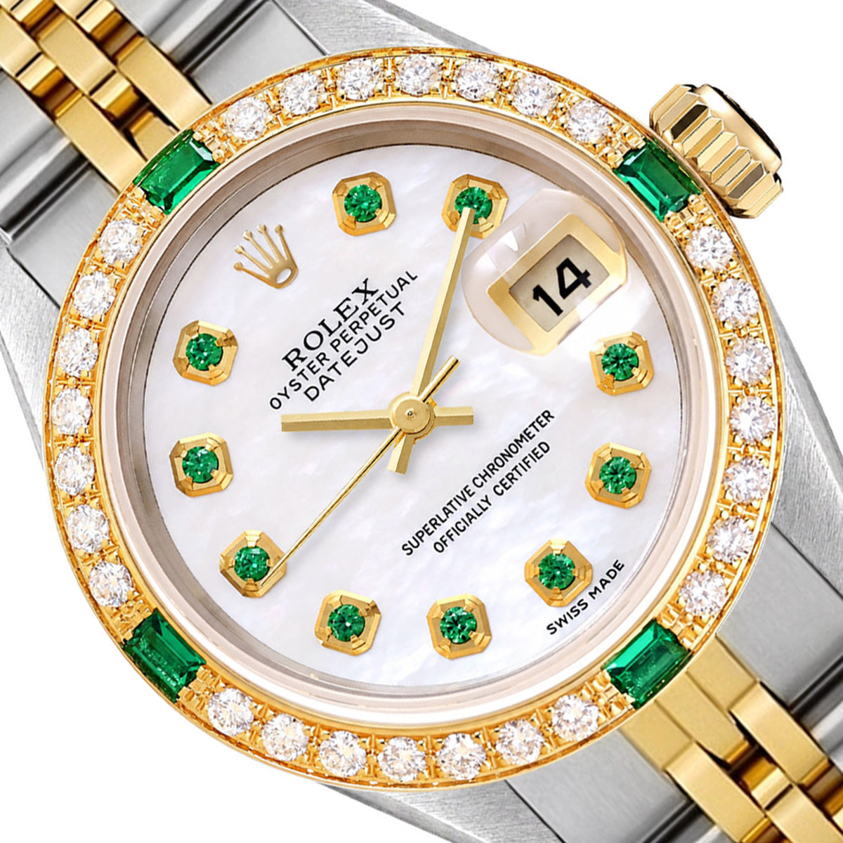 26mm Rolex Datejust 69173 18K Gold Bezel MOP Emerald Diamond Dial Jubilee Watch