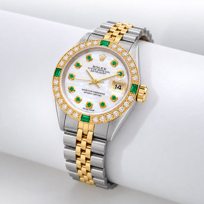 26mm Rolex Datejust 69173 18K Gold Bezel MOP Emerald Diamond Dial Jubilee Watch