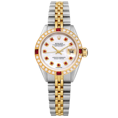 26mm Rolex Datejust 69173 18k Gold Bezel Ruby and Diamond MOP Dial Jubilee Watch