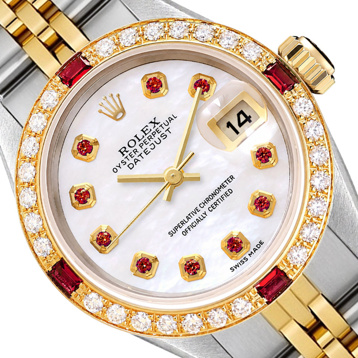 26mm Rolex Datejust 69173 18k Gold Bezel Ruby and Diamond MOP Dial Jubilee Watch