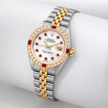 26mm Rolex Datejust 69173 18k Gold Bezel Ruby and Diamond MOP Dial Jubilee Watch