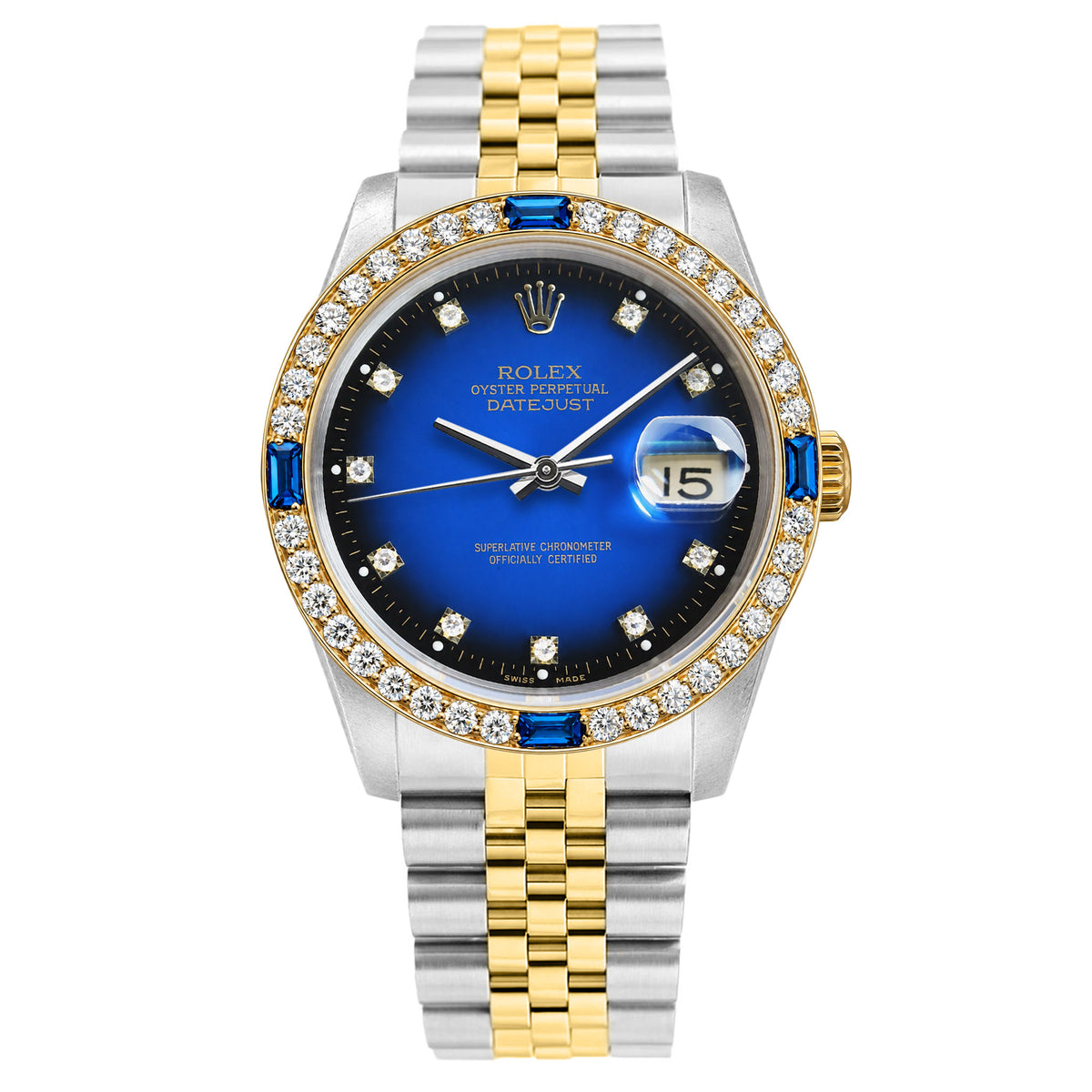 36mm Rolex Datejust 16013 Blue Ombre Dial Diamond Sapphire Bezel Jubilee Watch