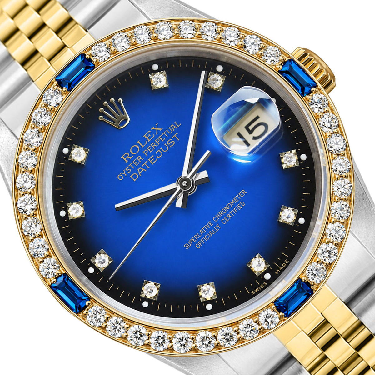 36mm Rolex Datejust 16013 Blue Ombre Dial Diamond Sapphire Bezel Jubilee Watch